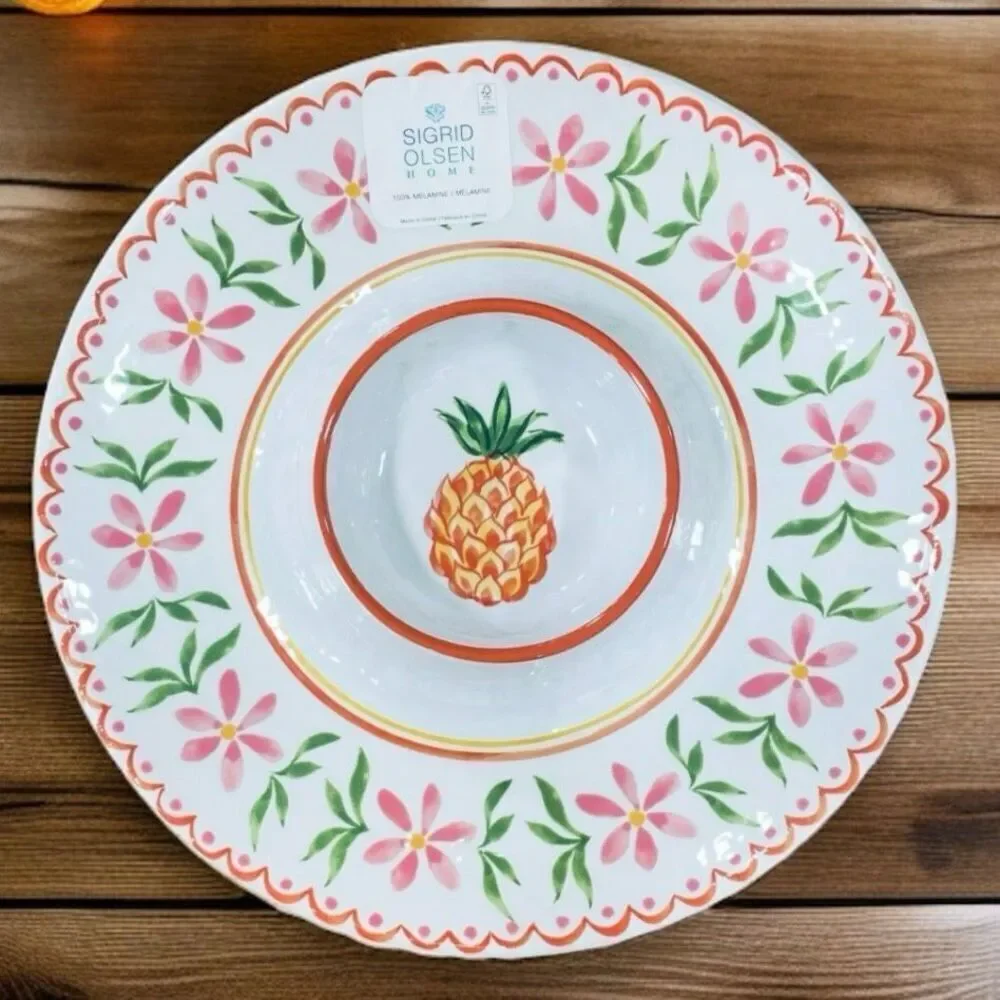 NWT Sigrid Olsen Big Pineapple 100% Melamine Serving Tray Chip & Dip Platter